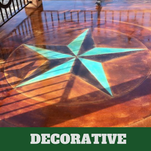 This is a picture of a decorative concrete floor with black and blue star design.