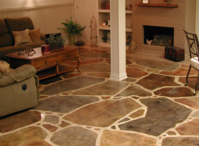 One of a kind interior concrete floor in cozy living room.