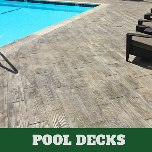 Norwalk stamped concrete pool surround with a wood grain finish.
