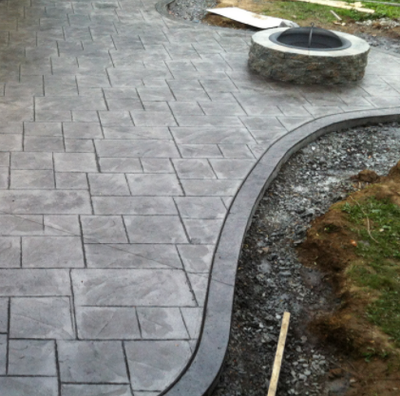 Patio and built in fire pit made out of stamped concrete.